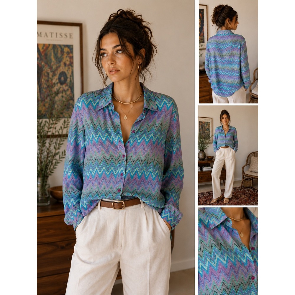 Brownstone Studio Vintage 100% Silk Chevron Print Blouse Pastel Zigzag 16